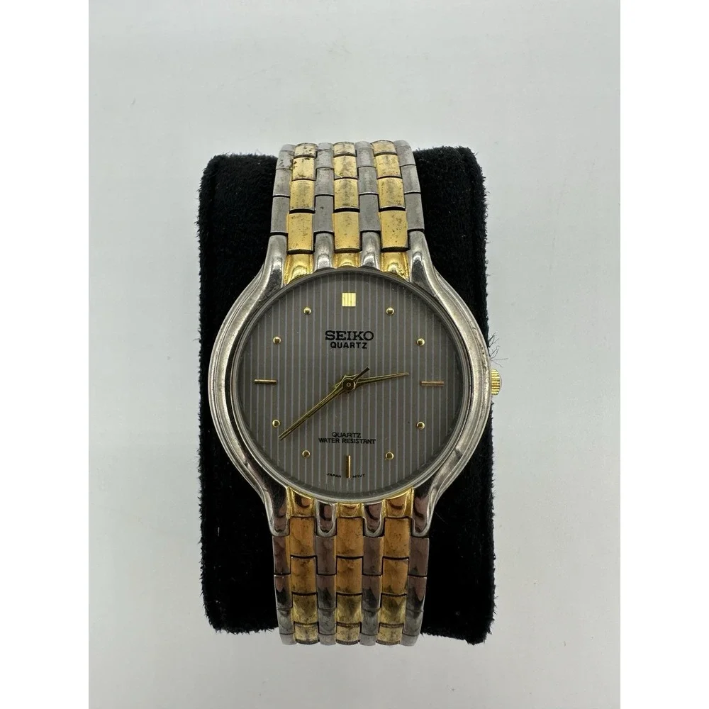 Vintage Seiko Quartz Two Tone Gray Striped Dial Dress Watch 7.5